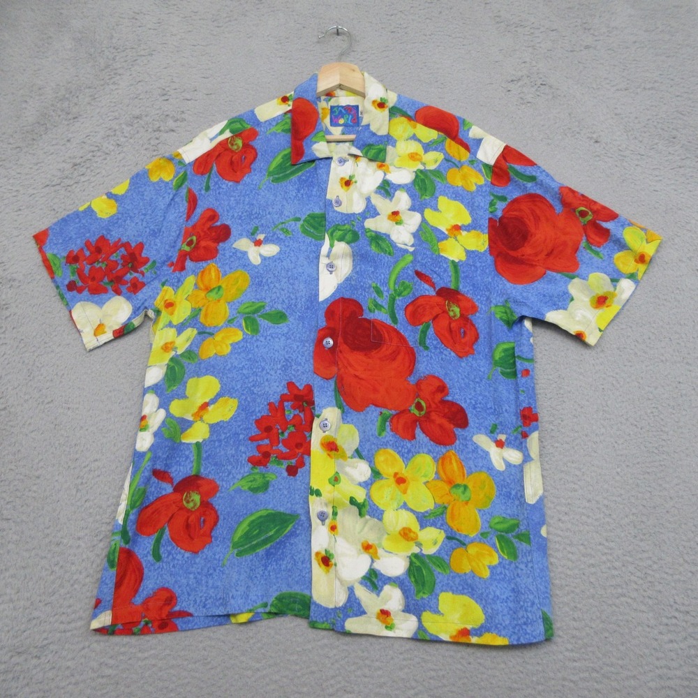 Vintage Jams World Mens M Blue Floral Hawaiian Aloha Shirt Rayon Made Hawaii USA